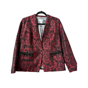 Chico's 1/S Floral Jacquard Red/Black Jacket: Embellished Pockets Timeless Style